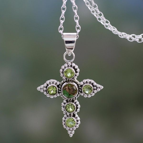 Alternate image for Artisan Crafted Peridot and Sterling Silver Cross Necklace Divine Harmony