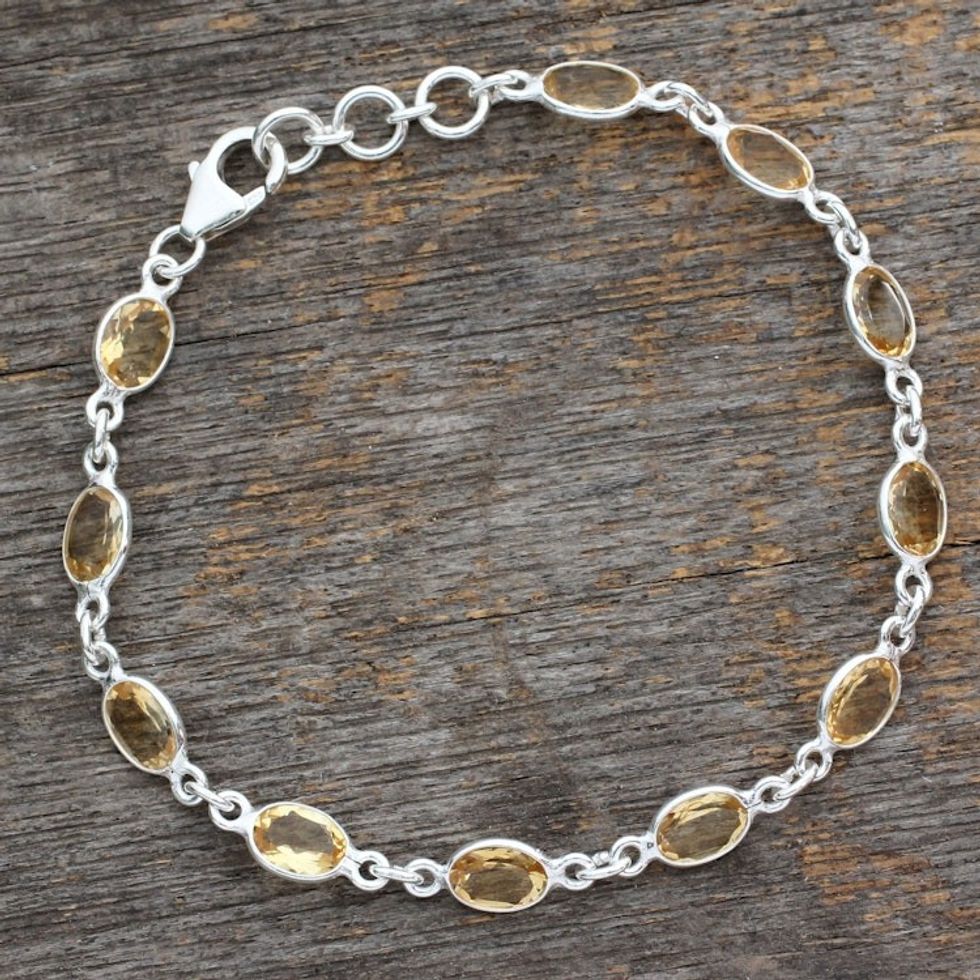 India Handcrafted Sterling Silver Citrine Tennis Bracelet 'Romantic Yellow'