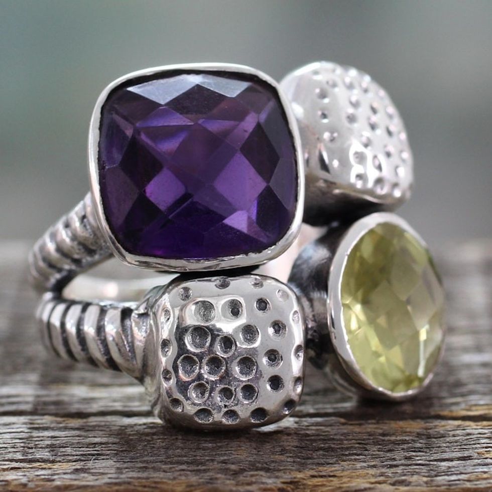 Handmade Amethyst and Lemon Quartz Sterling Silver Ring 'Sparkling Temptation'