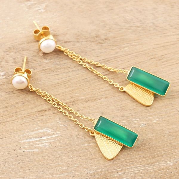 Alternate image for Gold-Plated Cultured Pearl and Onyx Dangle Earrings Pandoras Treasure
