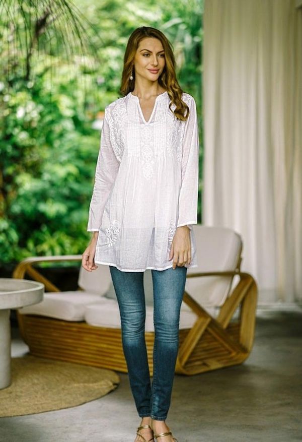 Alternate image for Long Sleeve Floral White Blouse Hand Embroidered in India Ethereal Bloom