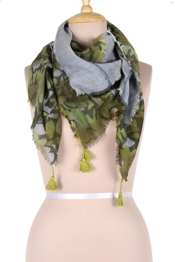 Alternate image for Floral Patched Wool Scarf with Tassels Woven in India Olive Bliss