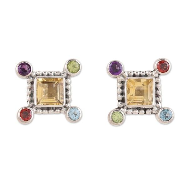 Alternate image for Three-Carat Multi-Gemstone Sterling Silver Button Earrings Color Dimensions