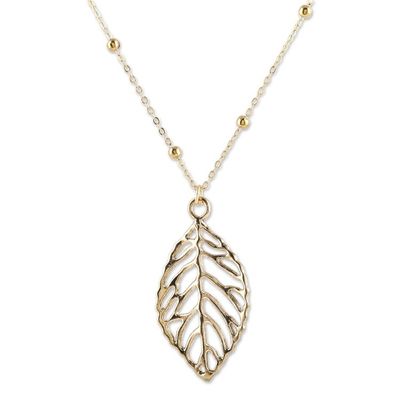 Alternate image for Brass Leaf Pendant Necklace with Jali Openwork Accents Shining Leaf