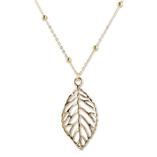 Alternate image for Brass Leaf Pendant Necklace with Jali Openwork Accents Shining Leaf
