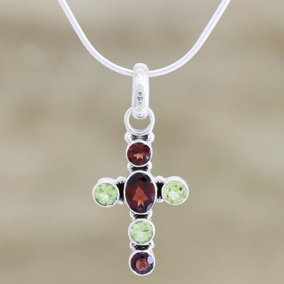  Peridot and Garnet Sterling Silver Necklaced Cross Jewelry 'Harmonious'