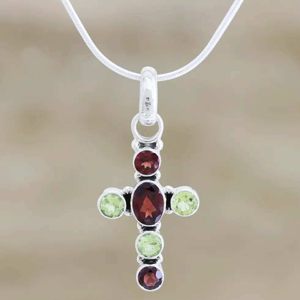 Peridot and Garnet Sterling Silver Necklaced Cross Jewelry 'Harmonious'