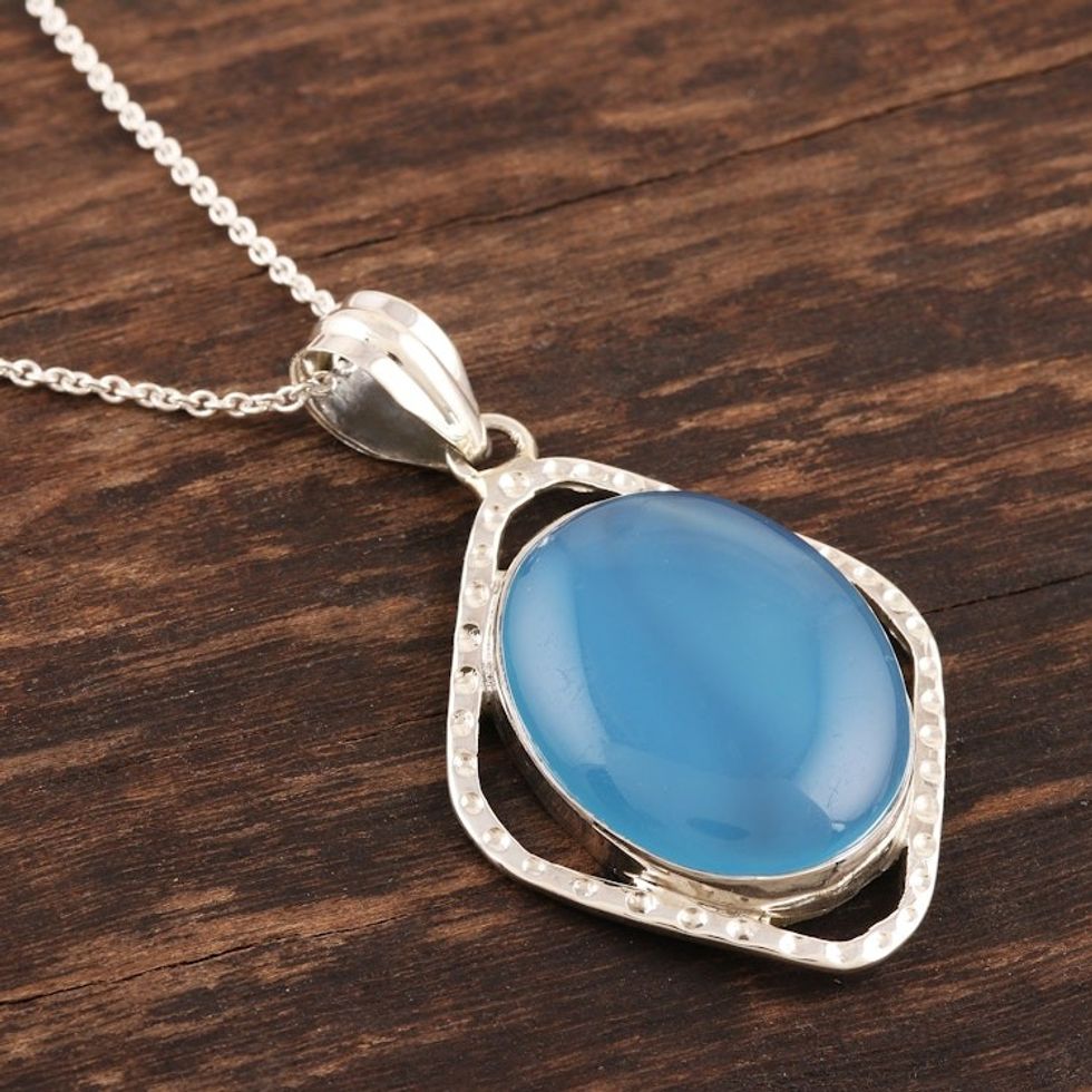 Oval Chalcedony Sterling Silver Pendant Necklace 'Morning Glory'