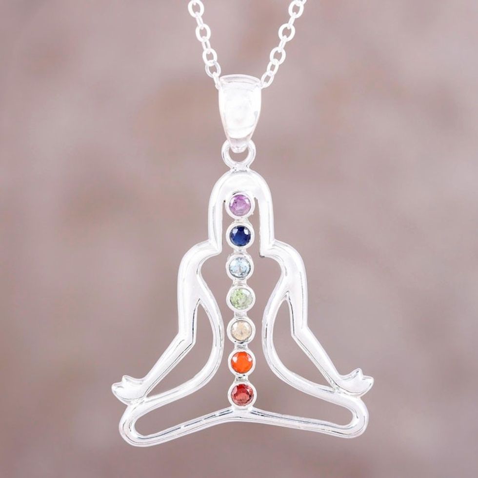 Chakra Silhouette Multi-Gemstone Pendant Necklace from India 'Radiant Chakra'