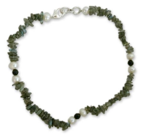 Alternate image for Labradorite and pearl beaded anklet Mumbai Fantasy