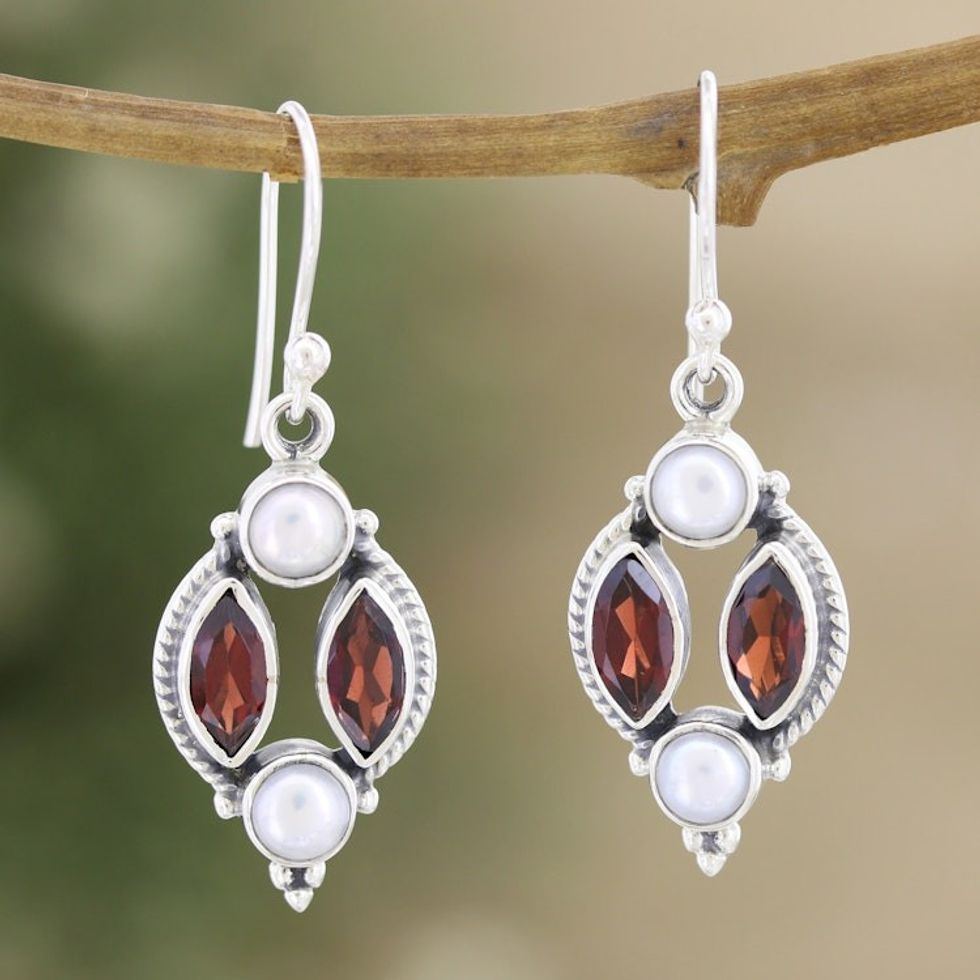 Sterling Silver Dangle Earrings with Cultured Pearl  Garnet 'Elegant Mix'