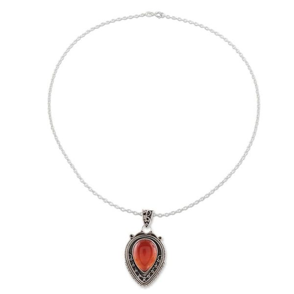 Alternate image for Red-Orange Carnelian Teardrop Pendant Necklace from India Red-Orange Drop