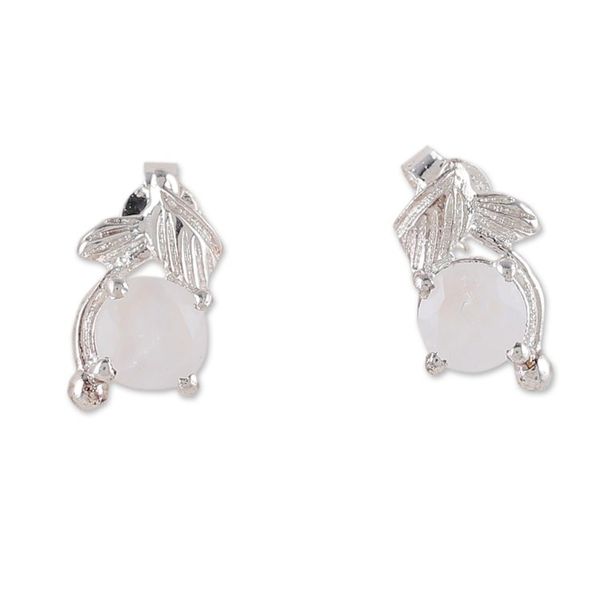 Alternate image for Rhodium-Plated Sterling Silver Rainbow Moonstone Earrings Oneiric Leaf