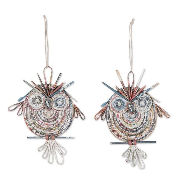 Alternate image for Handcrafted Recycled Paper Owl Ornaments from India Pair Wise Guardians