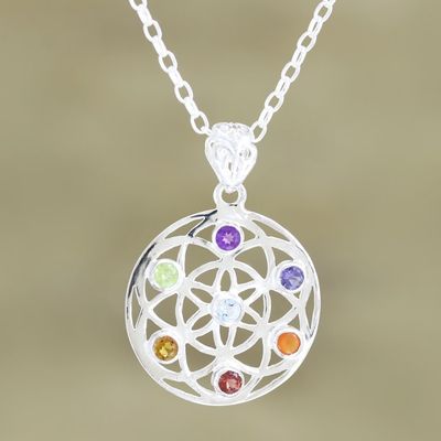 Alternate image for Multi-Gemstone and Sterling Silver Chakra Pendant Necklace Chakra Medallion