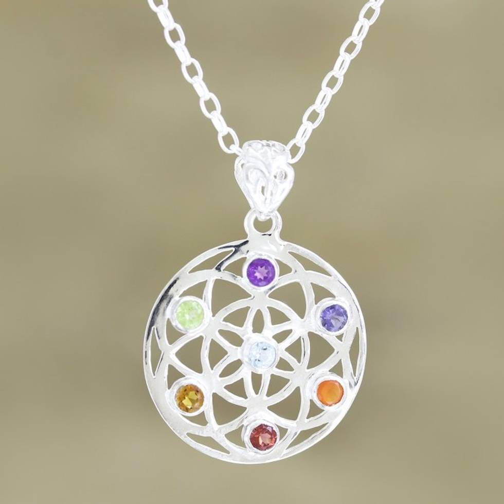 Multi-Gemstone and Sterling Silver Chakra Pendant Necklace 'Chakra Medallion'