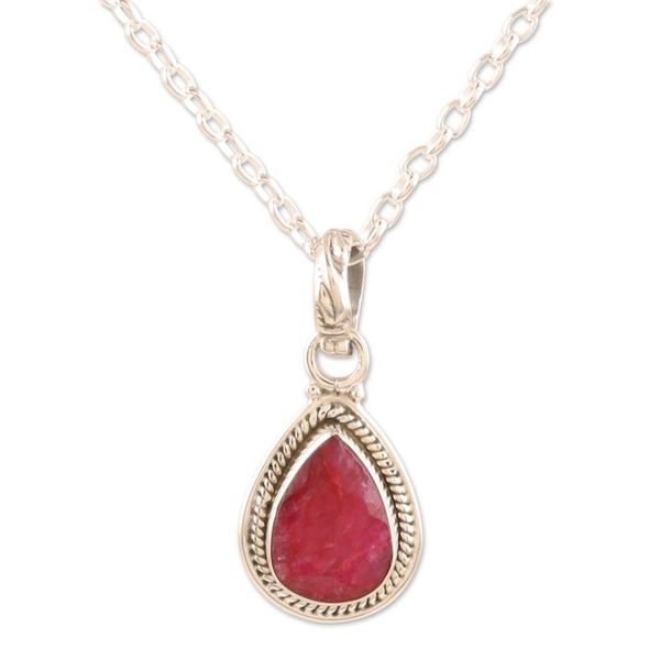 Alternate image for Handmade Ruby and Sterling Silver Pendant Necklace Halo Effect in Pink