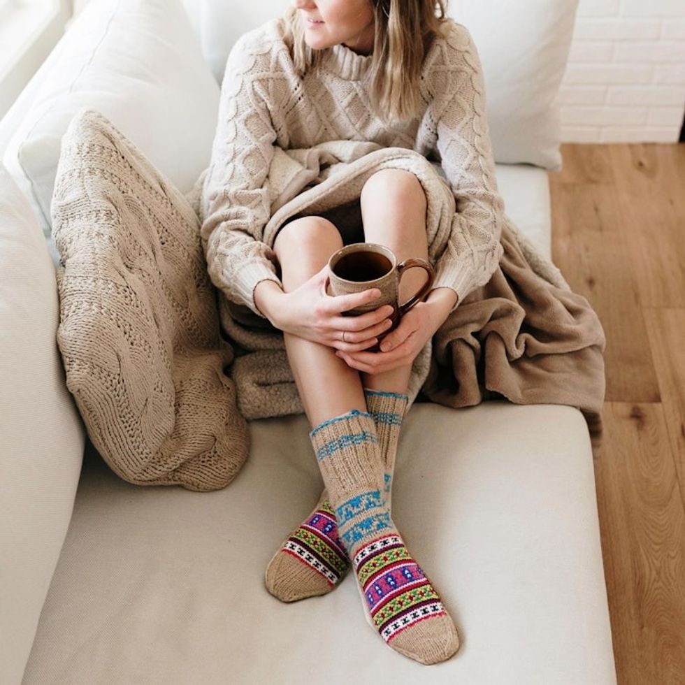 Hand-Knit Geometric Patterned Thick Slipper Style Socks 'Chai Tea'