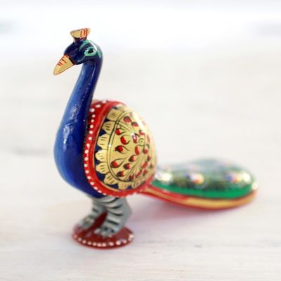 Alternate image for Hand Carved Multicolored Peacock Figurine from India Posturing Peacock