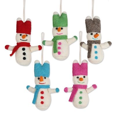 Alternate image for Set of 5 Snowman Bunny Wool Felt Ornaments Snowbunnies
