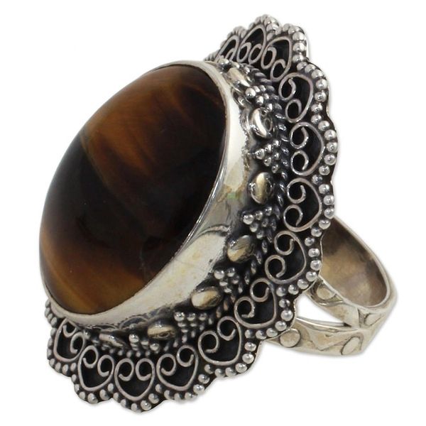 Alternate image for Hand Made Sterling Silver Tigers Eye Cocktail Ring India Halo of Petals