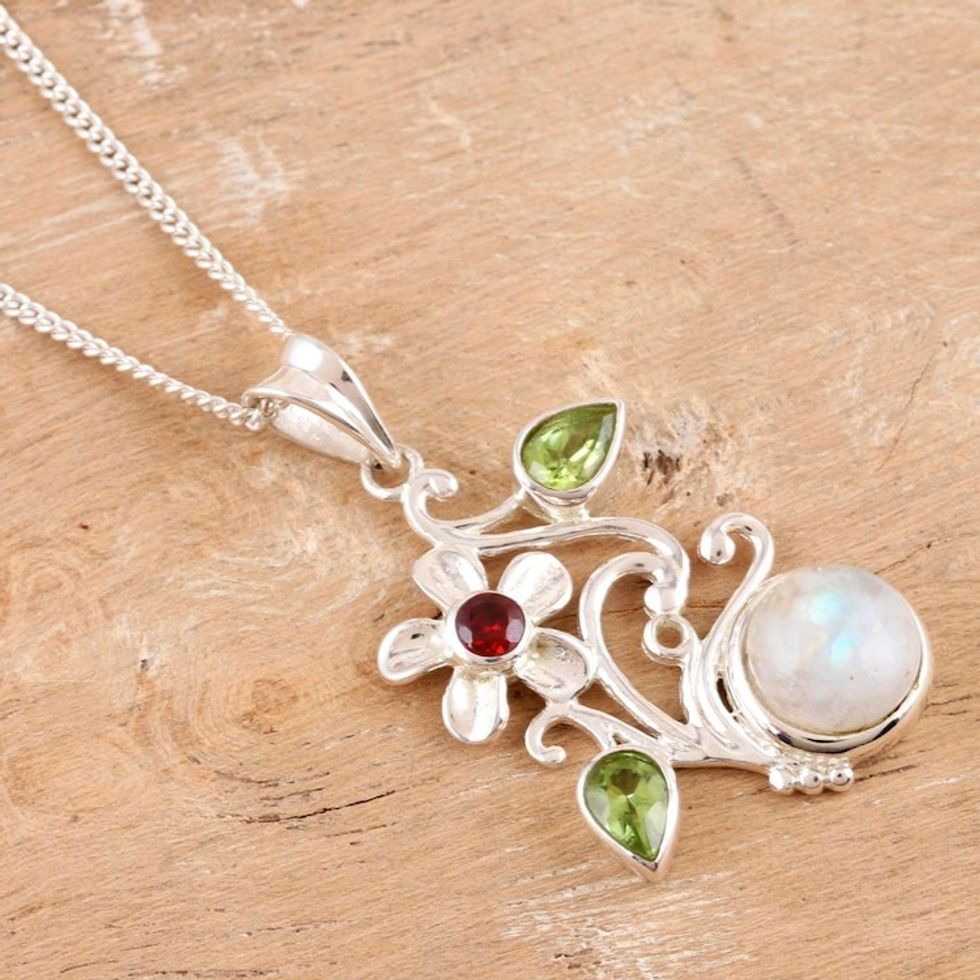 Peridot and Garnet Floral-Motif Pendant Necklace 'Garden Moon'