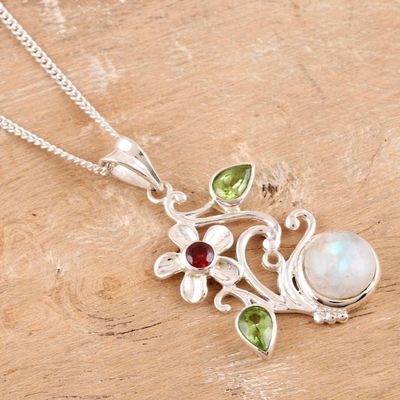 Alternate image for Peridot and Garnet Floral-Motif Pendant Necklace Garden Moon