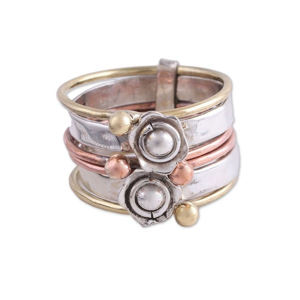 Alternate image for Fair Trade Sterling Silver Copper and Brass Meditation Ring Metallic Flowers