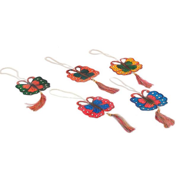 Alternate image for Set of 5 Hand-Painted Butterfly Leather Ornaments Elysium Butterflies
