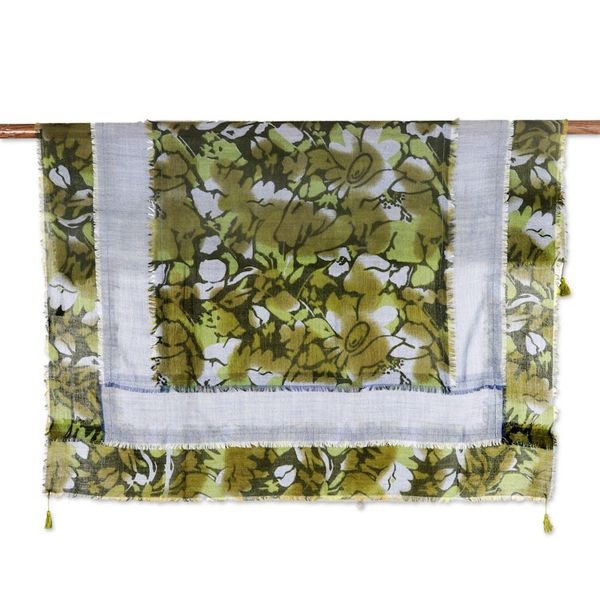 Alternate image for Floral Patched Wool Scarf with Tassels Woven in India Olive Bliss