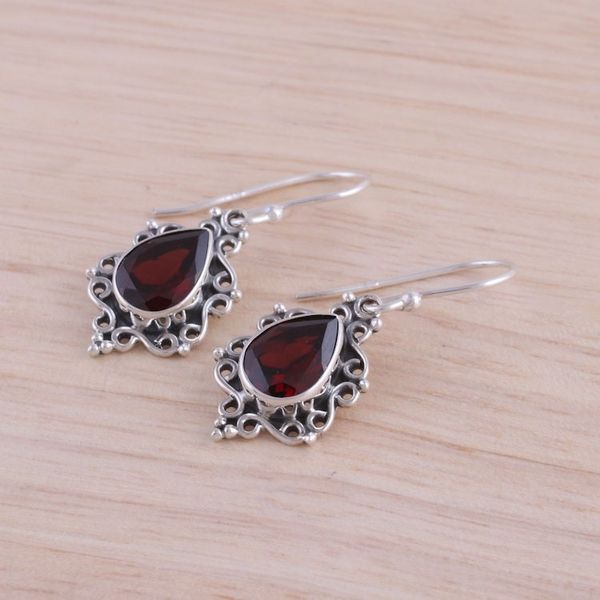 Alternate image for Sterling Silver and Garnet Dangle Earrings from India Red Intricacy