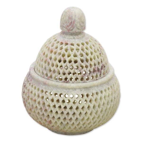 Alternate image for Handcrafted Jali Soapstone Beige Jar and Bottle Large Lattice Lace