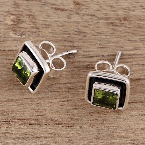 Alternate image for Square Peridot Stud Earrings from India Verdant Frame