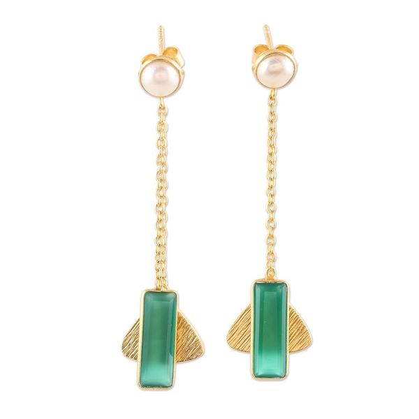 Alternate image for Gold-Plated Cultured Pearl and Onyx Dangle Earrings Pandoras Treasure