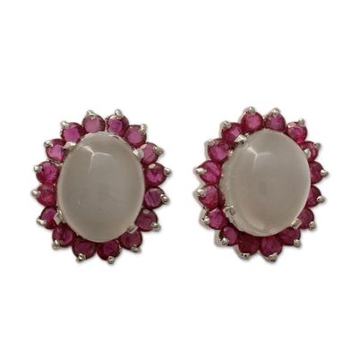 Alternate image for Genuine Ruby and Moonstone Button Earrings in 925 Silver Love and Devotion