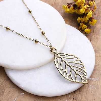 Alternate image for Brass Leaf Pendant Necklace with Jali Openwork Accents Shining Leaf