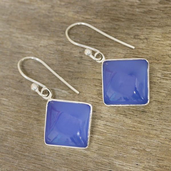 Alternate image for Square Blue Chalcedony Dangle Earrings Crafted in India Sky Squares