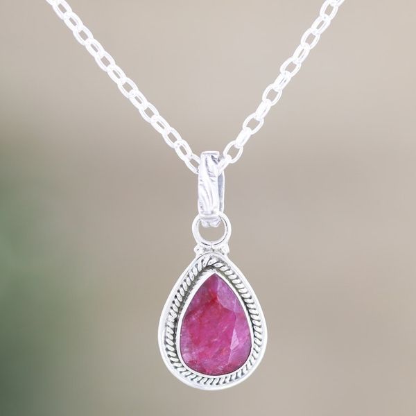 Alternate image for Handmade Ruby and Sterling Silver Pendant Necklace Halo Effect in Pink