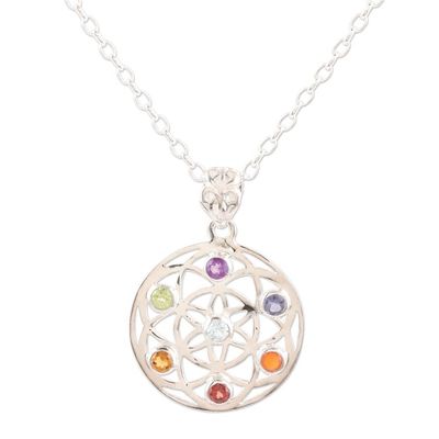 Alternate image for Multi-Gemstone and Sterling Silver Chakra Pendant Necklace Chakra Medallion