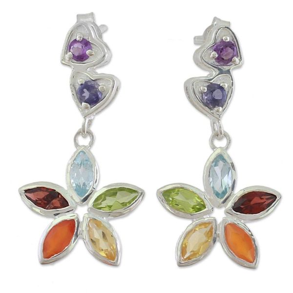 Alternate image for Multi Gemstone and Sterling Silver Floral Heart Earrings Floral Hearts