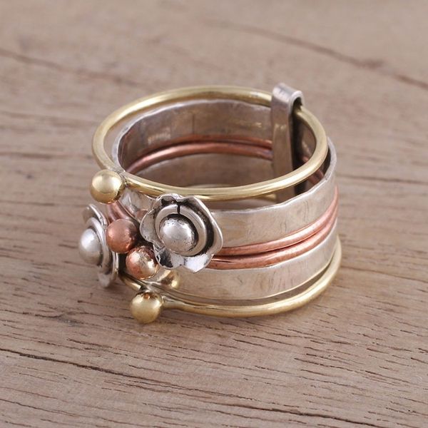 Alternate image for Fair Trade Sterling Silver Copper and Brass Meditation Ring Metallic Flowers