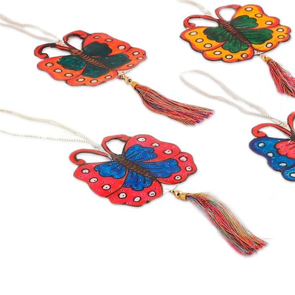 Alternate image for Set of 5 Hand-Painted Butterfly Leather Ornaments Elysium Butterflies