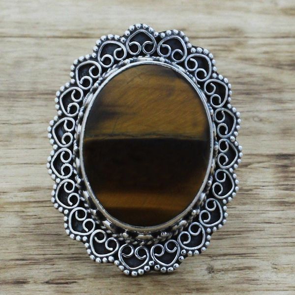 Alternate image for Hand Made Sterling Silver Tigers Eye Cocktail Ring India Halo of Petals