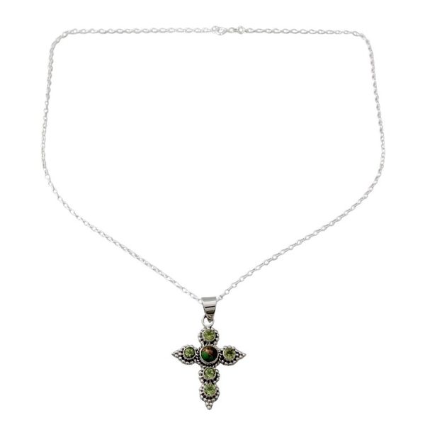 Alternate image for Artisan Crafted Peridot and Sterling Silver Cross Necklace Divine Harmony