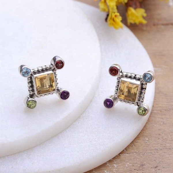Alternate image for Three-Carat Multi-Gemstone Sterling Silver Button Earrings Color Dimensions