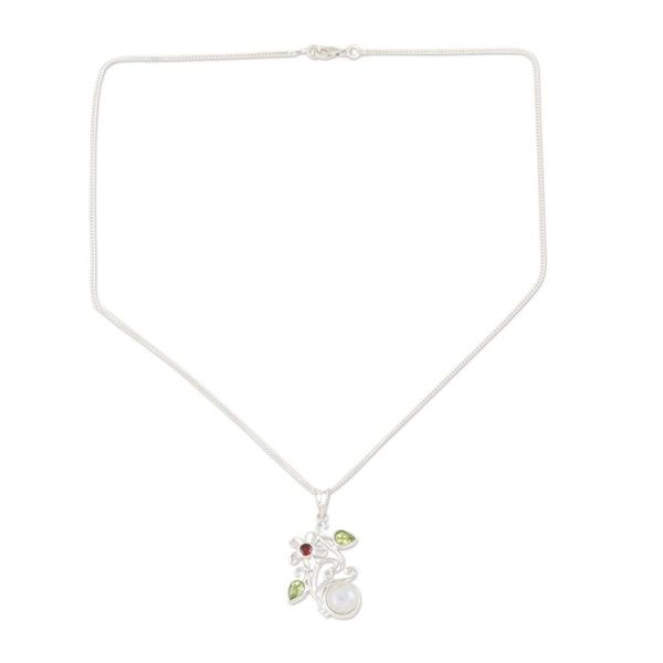 Alternate image for Peridot and Garnet Floral-Motif Pendant Necklace Garden Moon