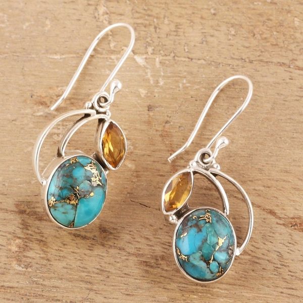Alternate image for Composite Turquoise and Citrine Silver Dangle Earrings Modern Mystique
