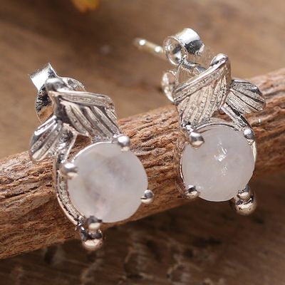 Alternate image for Rhodium-Plated Sterling Silver Rainbow Moonstone Earrings Oneiric Leaf