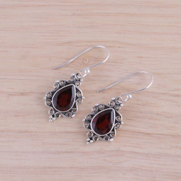 Alternate image for Sterling Silver and Garnet Dangle Earrings from India Red Intricacy