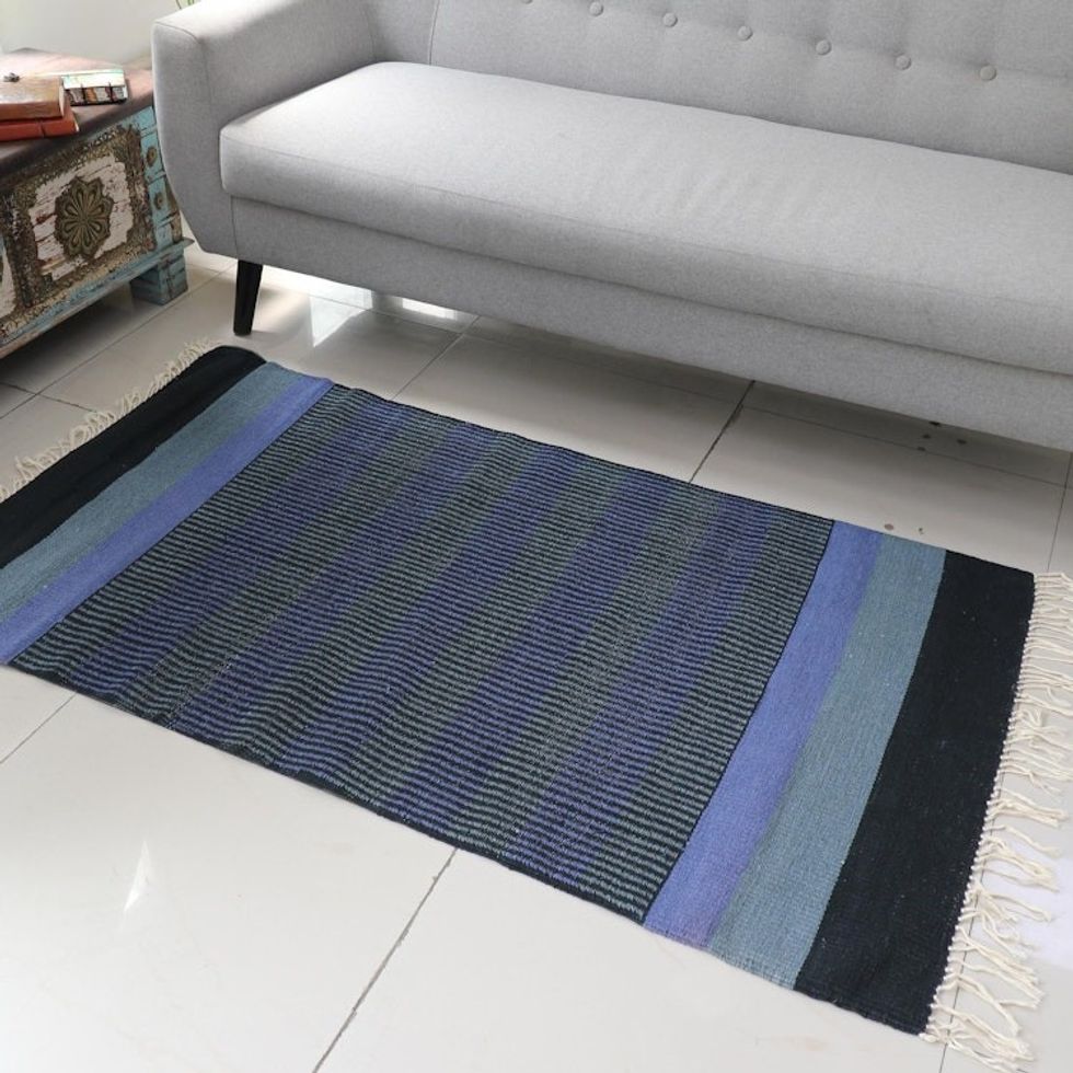 3 by 5 Foot Handwoven Blue Cotton Rug from India 'Blue Shadow Harmony'